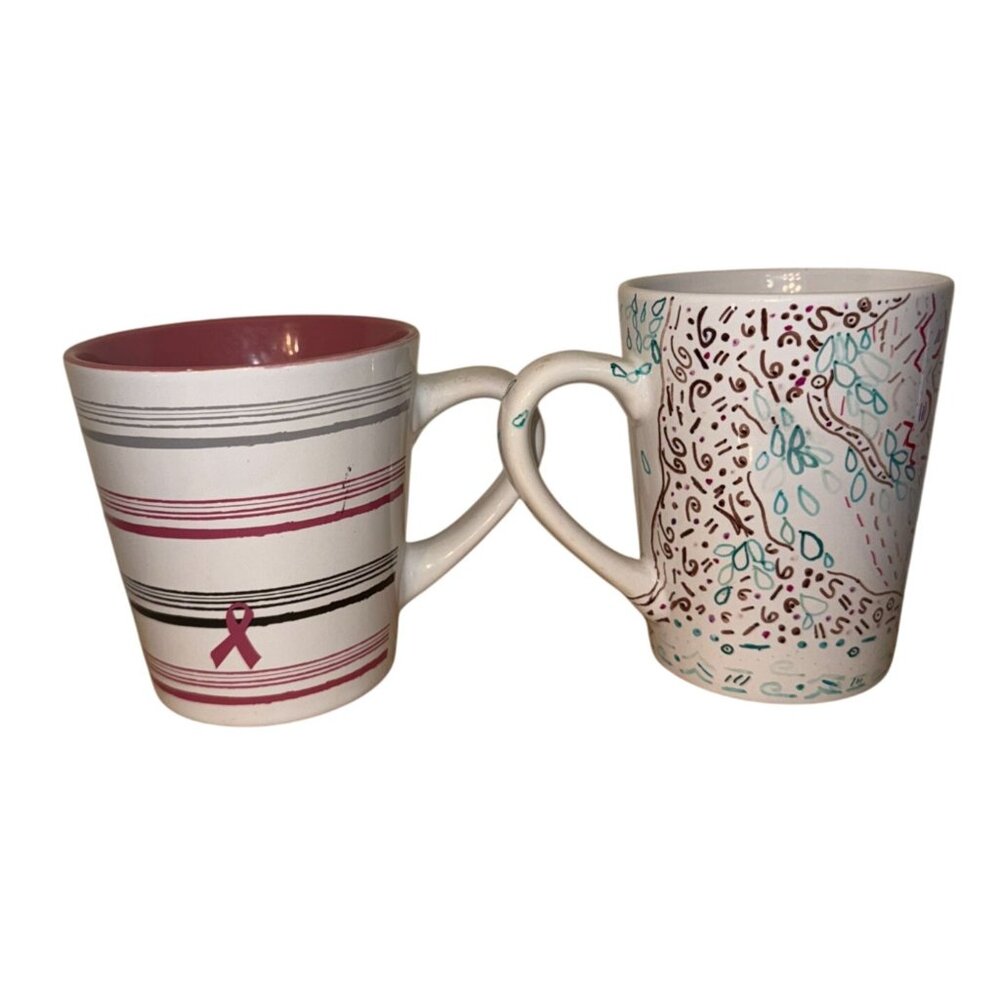 Ceramic Coffee Mug Set With Pink Ribbon & Abstract Design